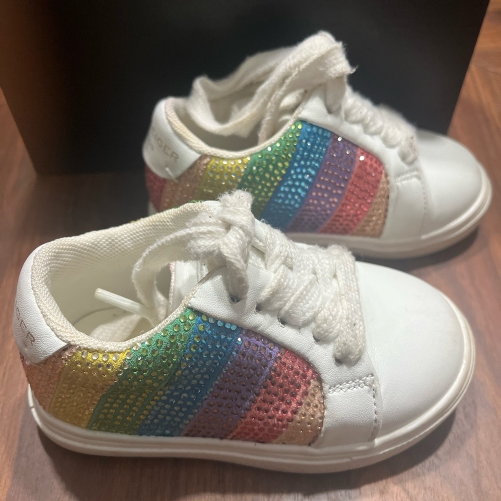 Kurt Geiger Kids White Sneakers with Rainbow Rhinestone Stripes